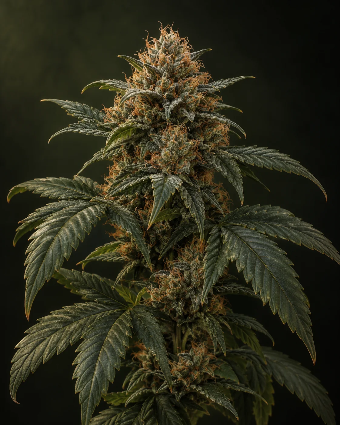KI-Illustration eines dicht blühenden Cannabiszweigs mit dunkelgrünen Blättern und gekrümmten orangefarbenen Narben.