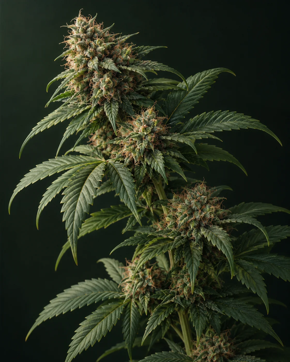 KI-Illustration eines nach links geneigten blühenden Cannabiszweigs mit breiten dunkelgrünen gezackten Blättern und kupferfarbenen Blütenhaaren vor fast schwarzem grünem Hintergrund.