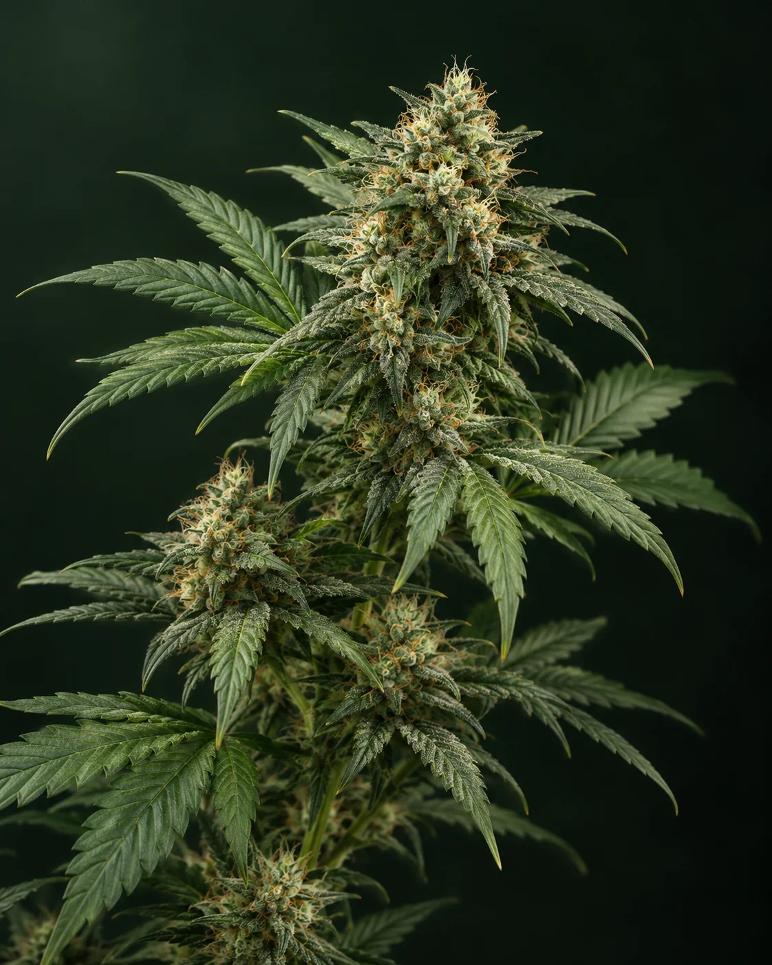 KI-Illustration eines natürlich grünen blühenden Cannabiszweigs mit gestaffelten gezackten Blättern, hell strukturierten Blüten und feinen goldorangefarbenen Blütenhaaren vor dunkelgrünem Hintergrund.