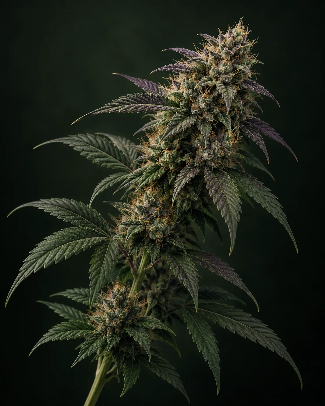 KI-Illustration eines nach rechts geneigten blühenden Cannabiszweigs mit grünen und pflaumenvioletten gezackten Blättern sowie feinen bernsteinfarbenen Blütenhaaren vor dunklem waldgrünem Hintergrund.