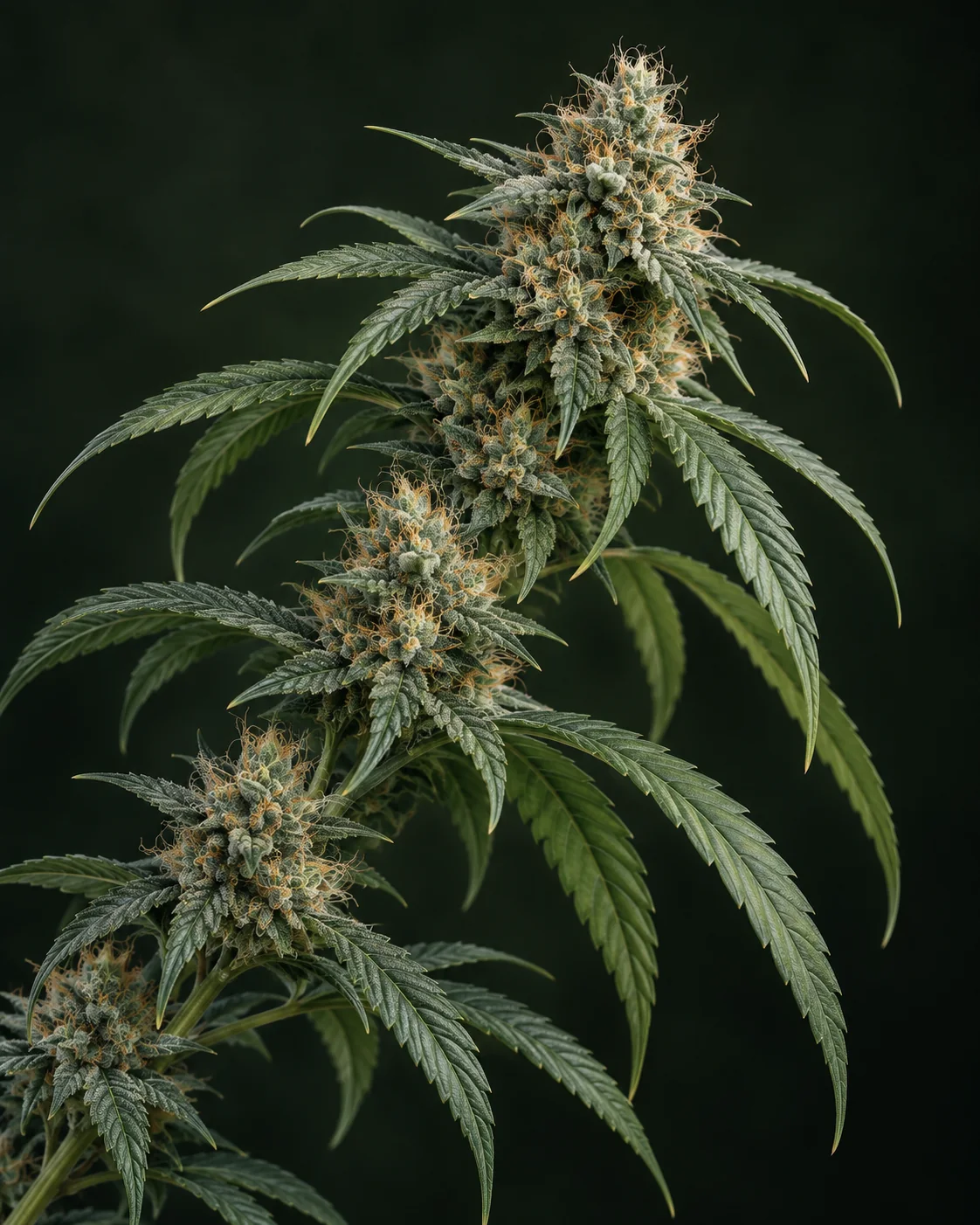 KI-Illustration eines schrägen Cannabiszweigs mit langen salbeigrünen, gezähnten Blättern, hellen strukturierten Blütenständen und orangefarbenen Narben vor dunkelgrünem Hintergrund.