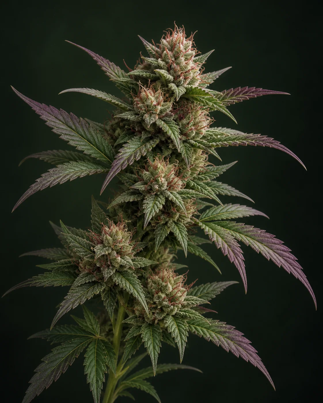 KI-Illustration eines aufrechten blühenden Cannabiszweigs mit grünen, pflaumenfarben gerandeten gezackten Blättern, hell strukturierten Blüten und rötlich kupferfarbenen Blütenhaaren vor dunkelgrünem Hintergrund.