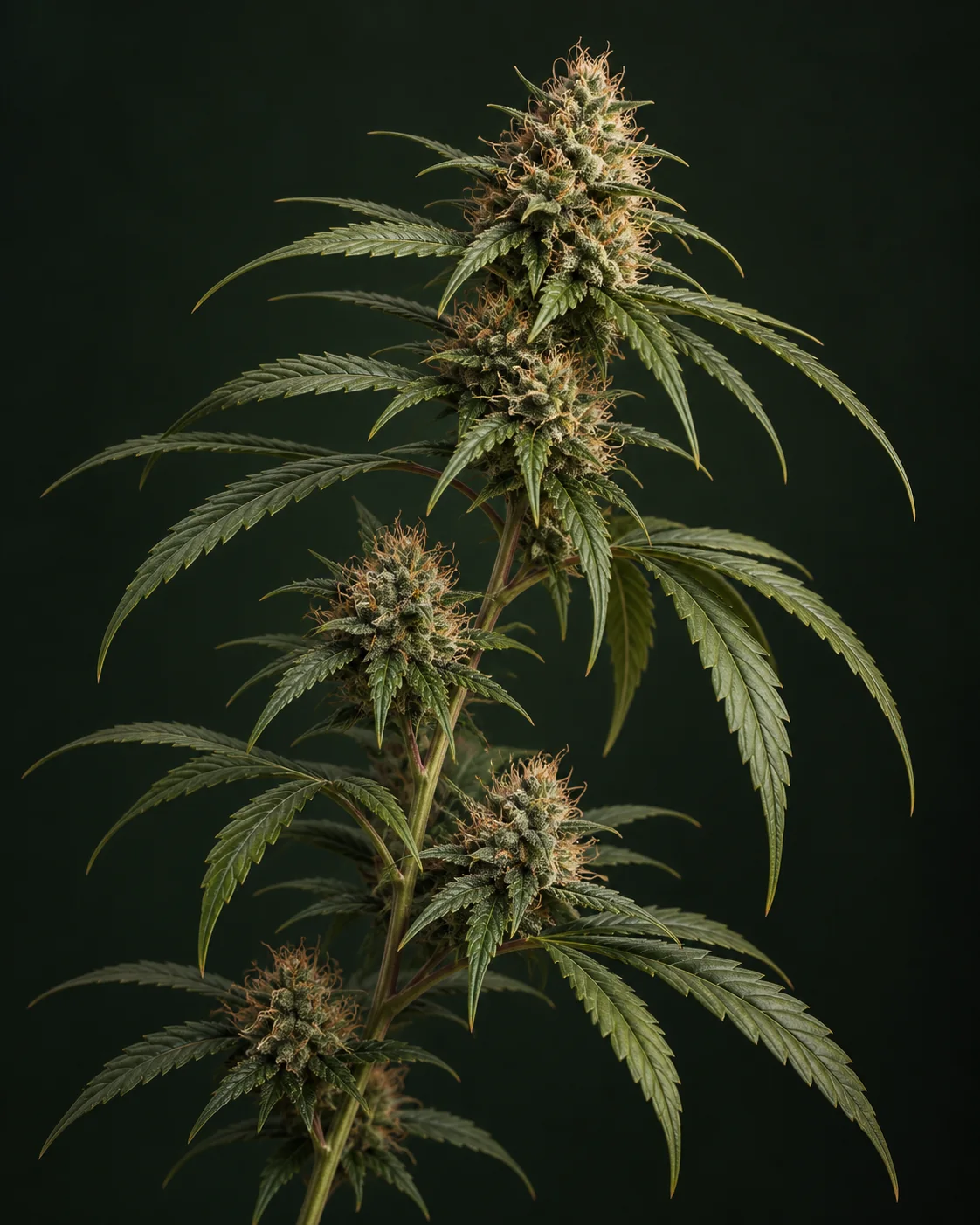 KI-Illustration eines schlanken blühenden Cannabiszweigs mit voneinander abgesetzten Blütengruppen, schmalen olivgrünen Blättern und feinen kupferfarbenen Blütenhaaren vor dunklem waldgrünem Hintergrund.