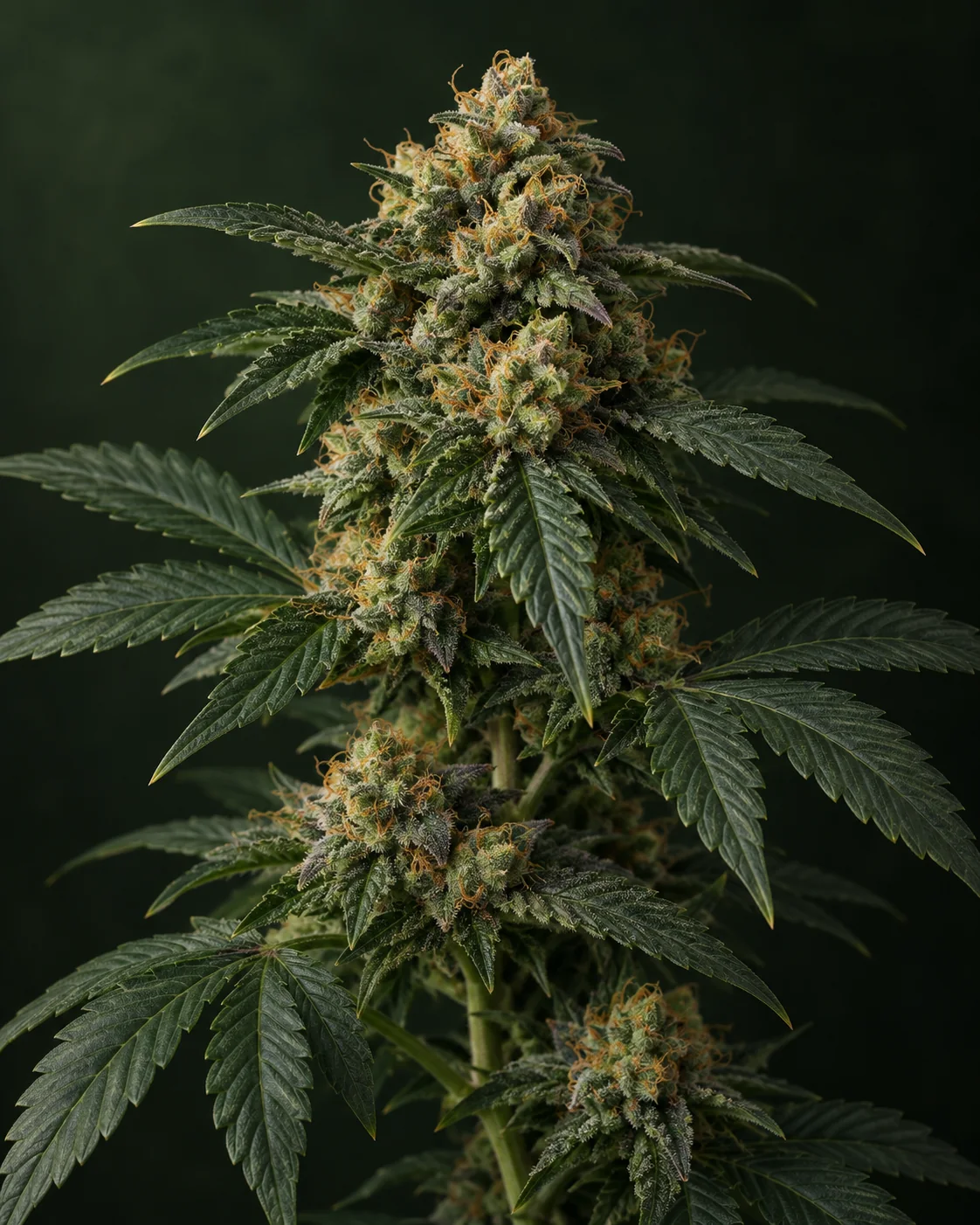 KI-Illustration eines dicht blühenden Cannabiszweigs mit breiten dunkelgrünen gezackten Blättern und bernsteinfarbenen bis orangefarbenen Blütenhaaren, weich beleuchtet vor fast schwarzem grünem Hintergrund.