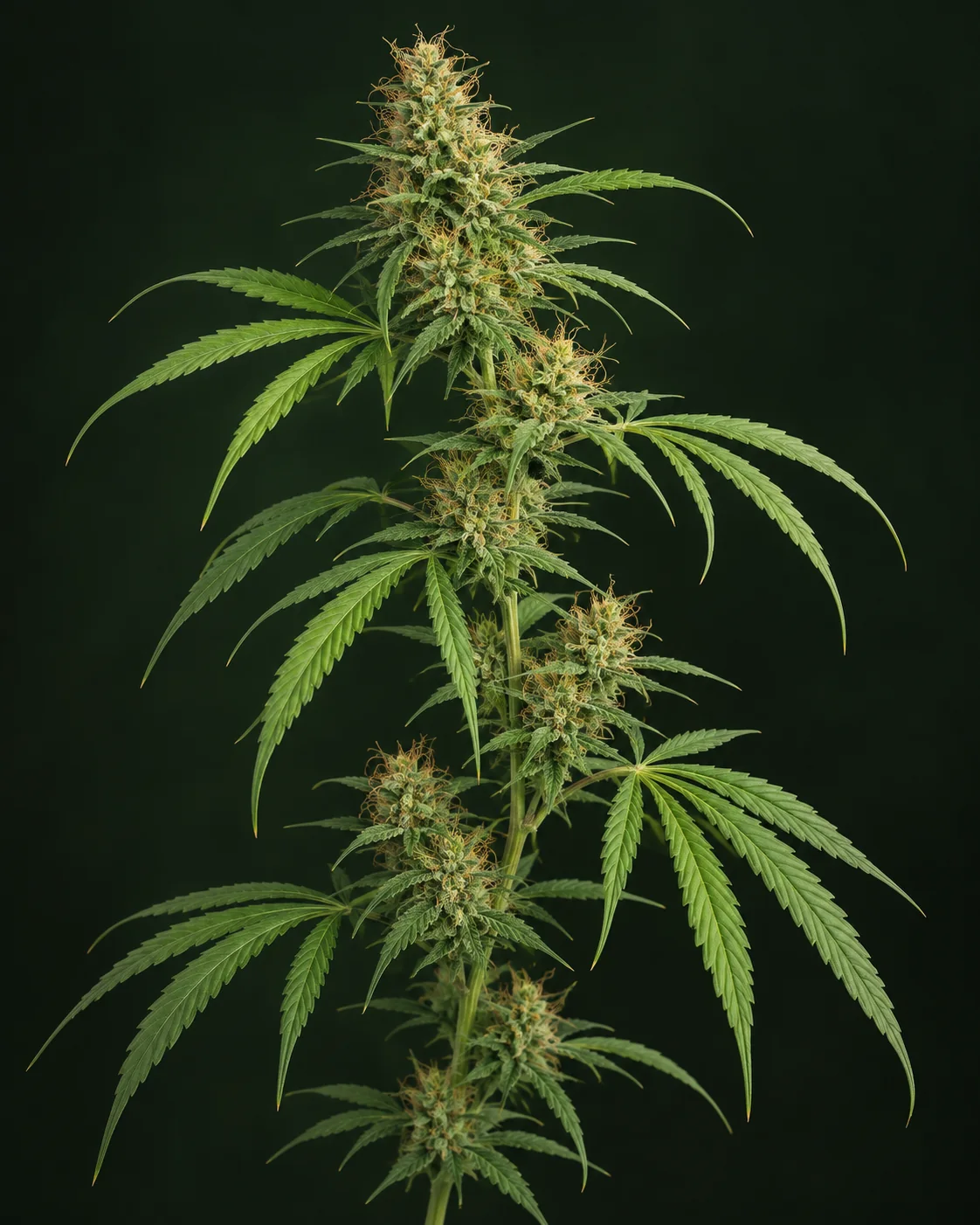 KI-Illustration eines hohen, schlanken blühenden Cannabiszweigs mit schmalen grünen Blättern, voneinander abgesetzten Blütenständen und feinen goldorangefarbenen Narben vor dunkelgrünem Hintergrund.
