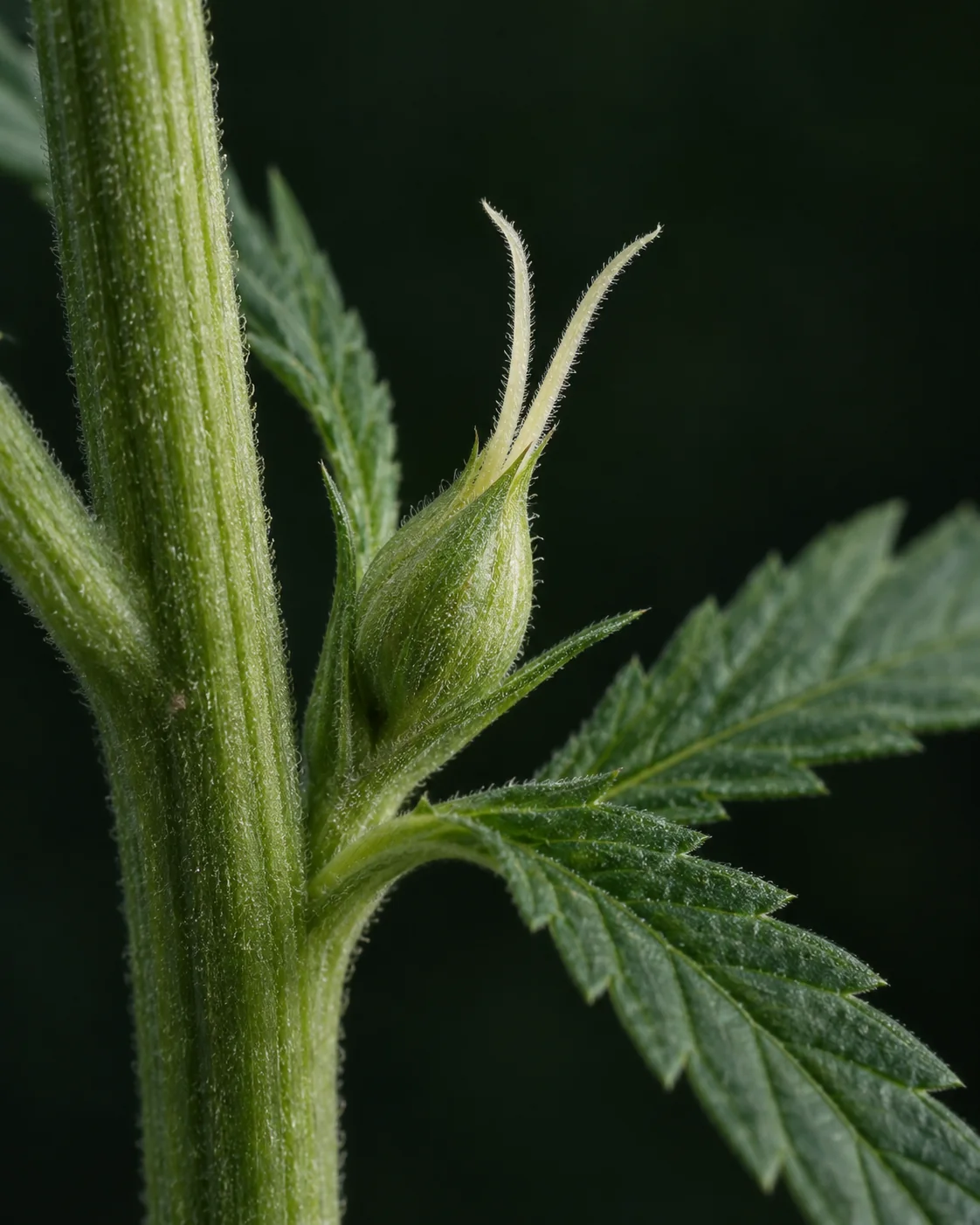 Botanische KI-Nahansicht einer einzelnen grünen Blüte, die von einem tropfenförmigen Hochblatt umschlossen ist; zwei dünne cremefarbene Narben ragen neben einem Stängel und gezähnten Blättern hervor.