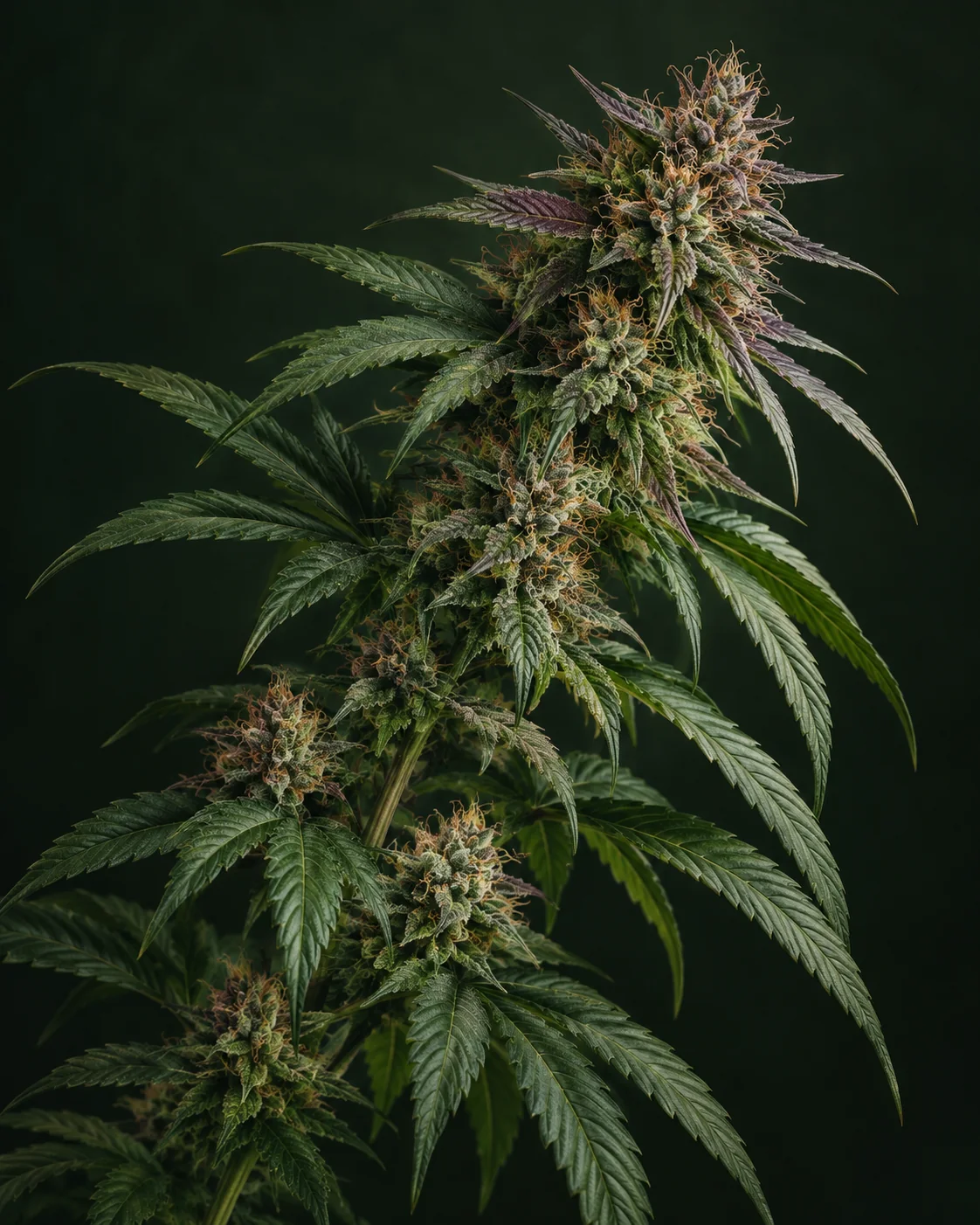 KI-Illustration eines nach rechts oben gerichteten blühenden Cannabiszweigs mit gestaffelten grünen Blättern, violetten Akzenten an der Spitze und kupferfarbenen Blütenhaaren vor dunkelgrünem Hintergrund.