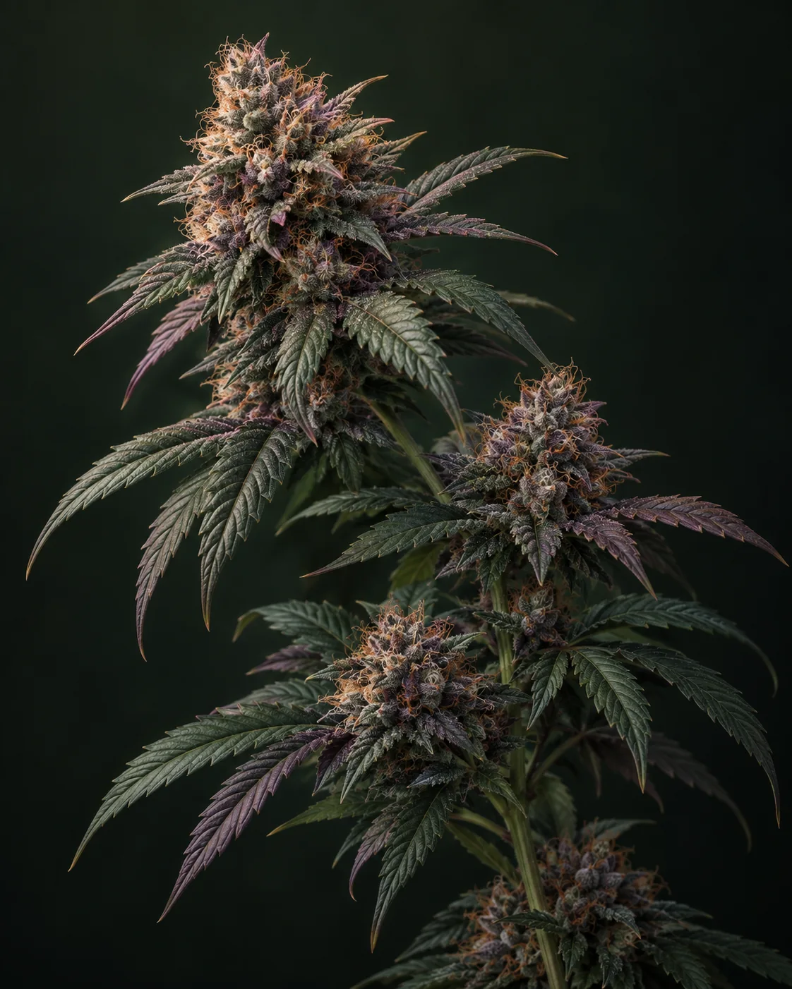KI-Illustration eines blühenden Cannabiszweigs mit einer hohen Blütengruppe links oben, kleineren seitlichen Blütengruppen, dunkelgrünen und pflaumenfarbenen gezackten Blättern sowie kupferfarbenen Blütenhaaren vor fast schwarzem grünem Hintergrund.