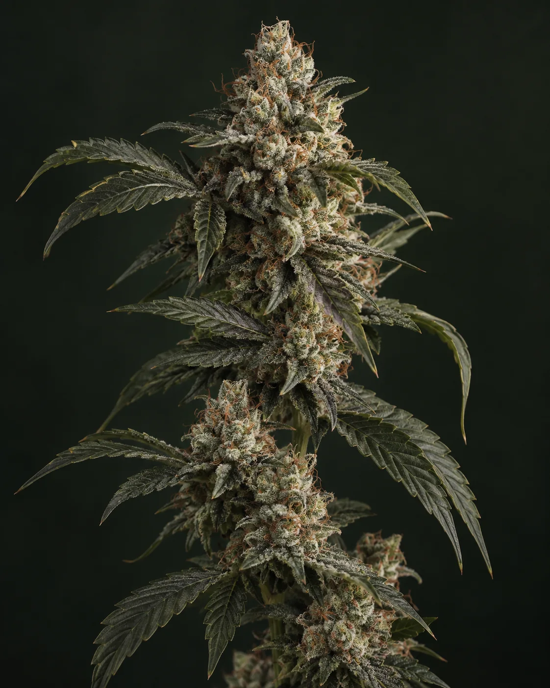 KI-Illustration eines aufrechten Cannabiszweigs mit hell bereiften Blütengruppen, olivgrünen gezackten Blättern und feinen rostfarbenen Blütenhaaren vor dunklem waldgrünem Hintergrund.