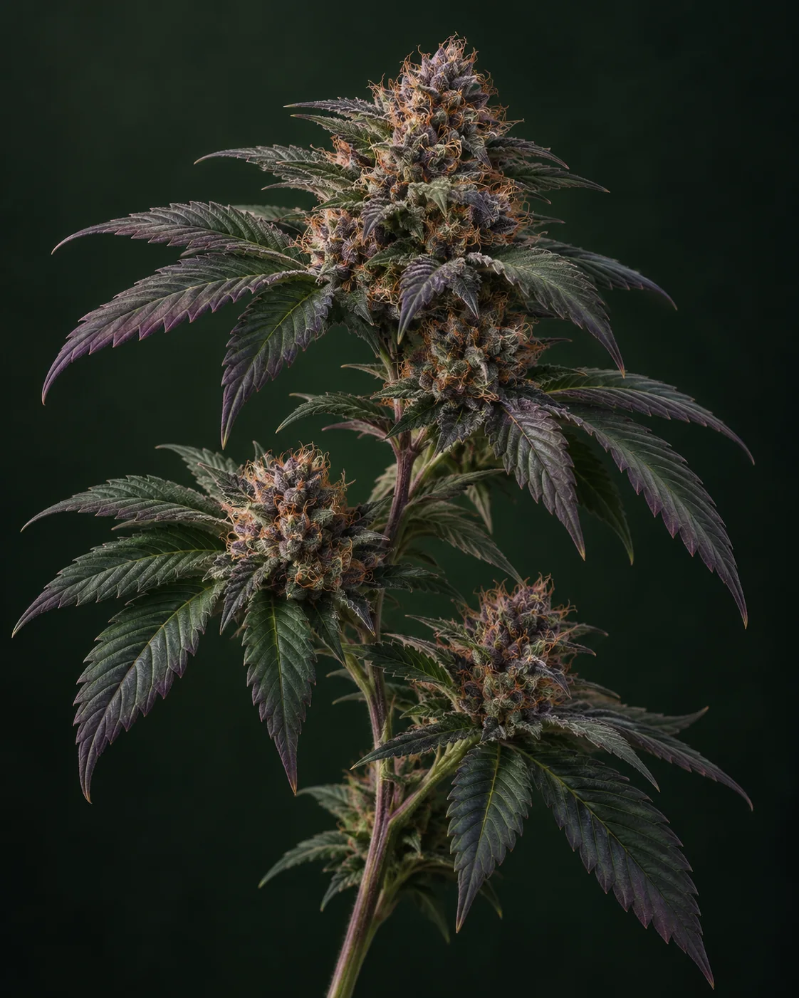 KI-Illustration eines leicht gebogenen Cannabiszweigs mit violettgrünen Blütenständen, breiten grünen Blättern mit pflaumenfarbenen Rändern und kupferfarbenen Narben vor fast schwarzgrünem Hintergrund.