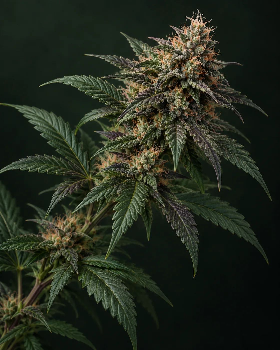 KI-Illustration eines diagonal von links unten nach rechts oben verlaufenden Cannabiszweigs mit dichten grünen Blüten, dunklen gezackten Blättern, dezenten violetten Akzenten und kupferfarbenen Blütenhaaren vor dunkelgrünem Hintergrund.