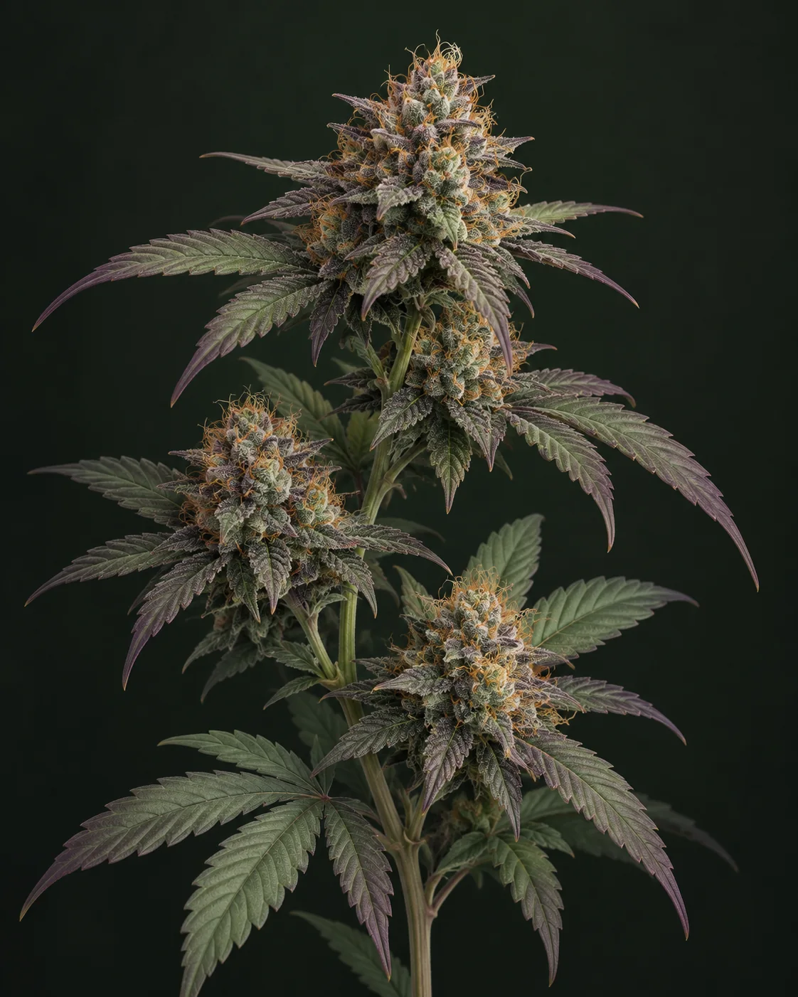 KI-Illustration eines aufrechten Cannabiszweigs mit voneinander abgesetzten, hell bereiften Blütengruppen, salbeigrünen Blättern mit dezent violetten Rändern und orangefarbenen Blütenhaaren vor dunklem waldgrünem Hintergrund.