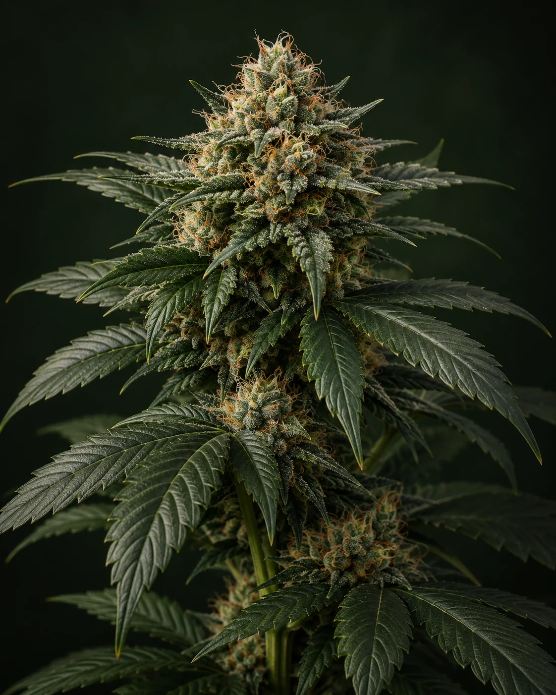KI-Illustration eines dichten, aufrechten blühenden Cannabiszweigs mit breiten dunkelgrünen gezackten Blättern, hell bereiften Blütenoberflächen und bernsteinfarbenen Blütenhaaren vor fast schwarzem grünem Hintergrund.