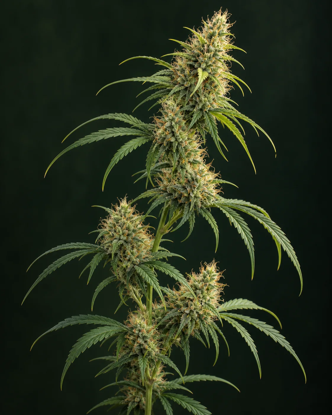 KI-Illustration eines hohen, schlanken Cannabiszweigs mit länglichen Blütenständen, schmalen grünen gezähnten Blättern, gelbgrünen Akzenten und feinen bernsteinfarbenen Narben vor dunkelgrünem Hintergrund.
