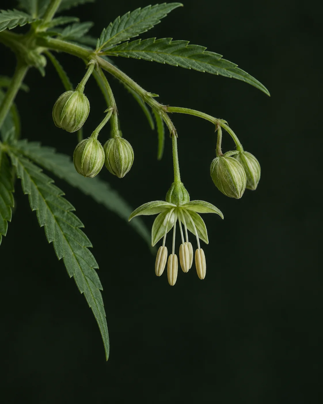Botanische KI-Illustration eines lockeren grünen Blütenzweigs mit rundlichen geschlossenen Knospen und einer offenen grünlichen Blüte mit länglichen hellen Staubbeuteln an dünnen herabhängenden Staubfäden.