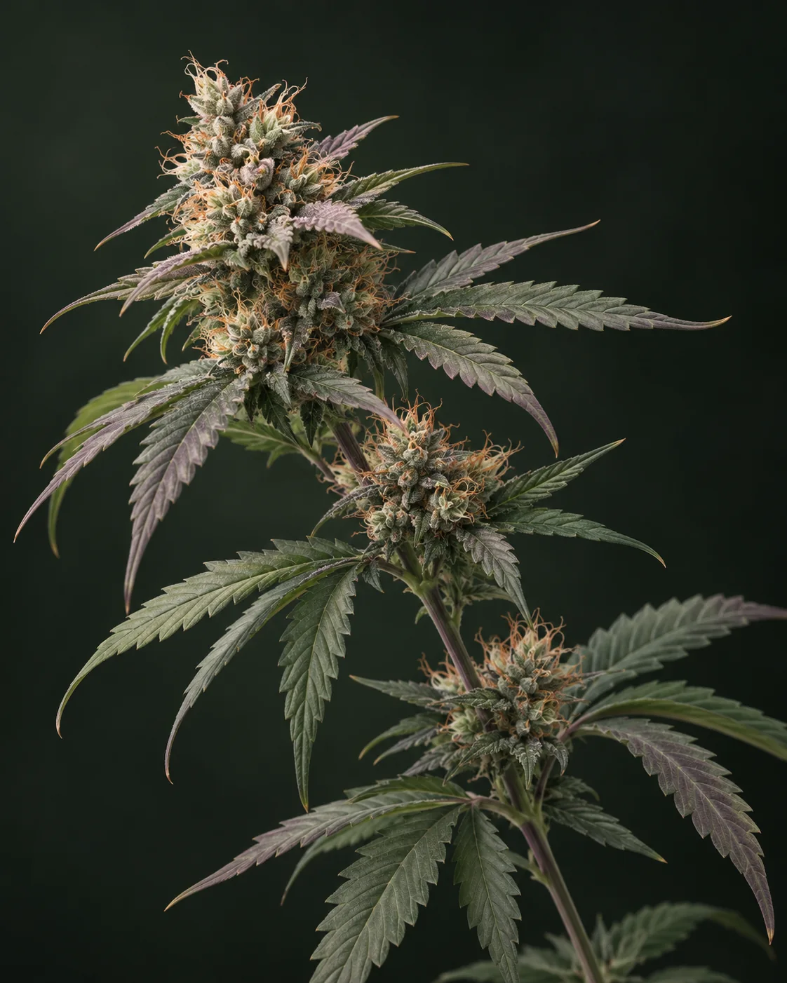 KI-Illustration eines nach links oben geneigten Cannabiszweigs mit gestaffelten hellgrünen Blüten, dezent malvenfarben gerandeten gezackten Blättern und kupferfarbenen Blütenhaaren vor fast schwarzem waldgrünem Hintergrund.
