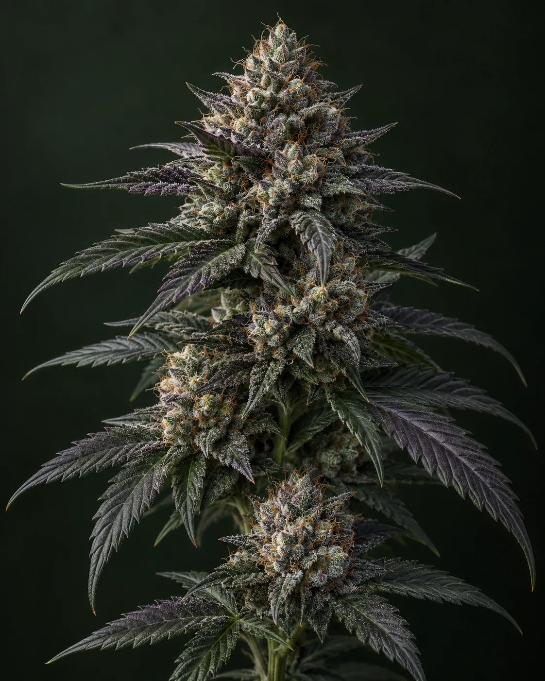KI-Illustration eines dichten aufrechten Cannabiszweigs mit silbrig bereiften Blütengruppen, tiefgrünen und pflaumenfarbenen gezackten Blättern sowie feinen kupferfarbenen Blütenhaaren vor dunkelgrünem Hintergrund.