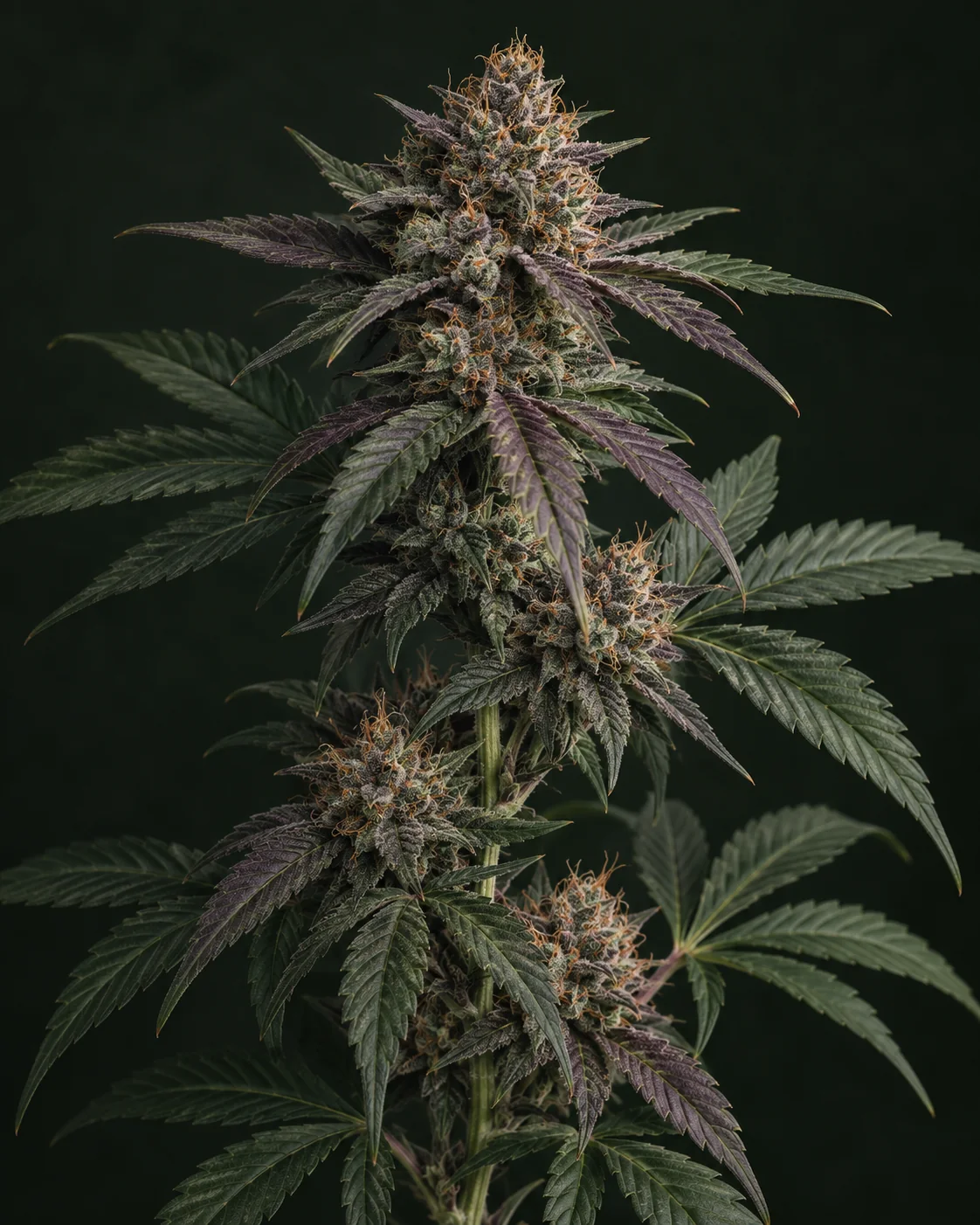 KI-generierte botanische Illustration eines aufrechten blühenden Cannabiszweigs mit dunkelgrünen und pflaumenfarbenen gezackten Blättern, hell strukturierten Blüten und feinen kupferfarbenen Blütenhaaren vor fast schwarzem grünem Hintergrund.