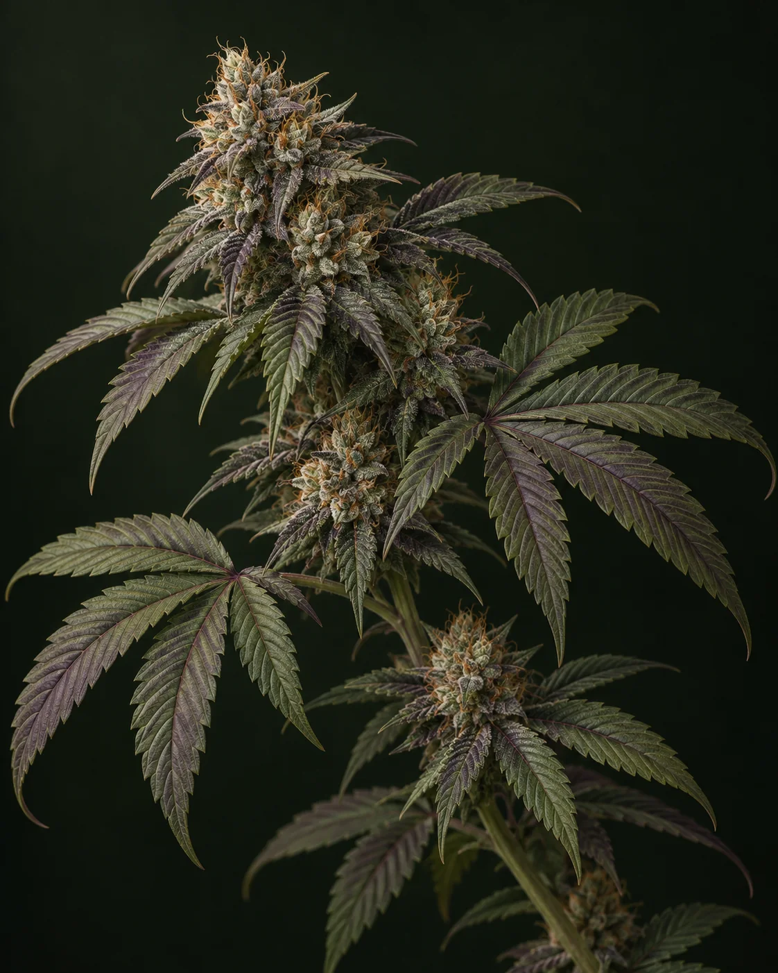 KI-generierte botanische Illustration eines nach links geneigten blühenden Cannabiszweigs mit olivgrünen und dezent pflaumenfarbenen gezackten Blättern, hellen Blütenstrukturen und bernsteinfarbenen Blütenhaaren vor dunkelgrünem Hintergrund.