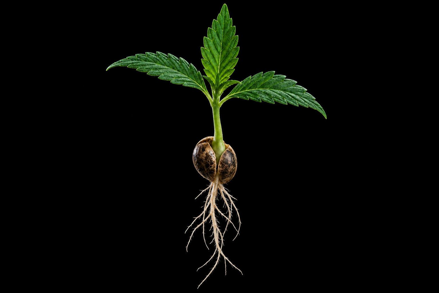 Symbolic illustration combining a seed, roots and foliage