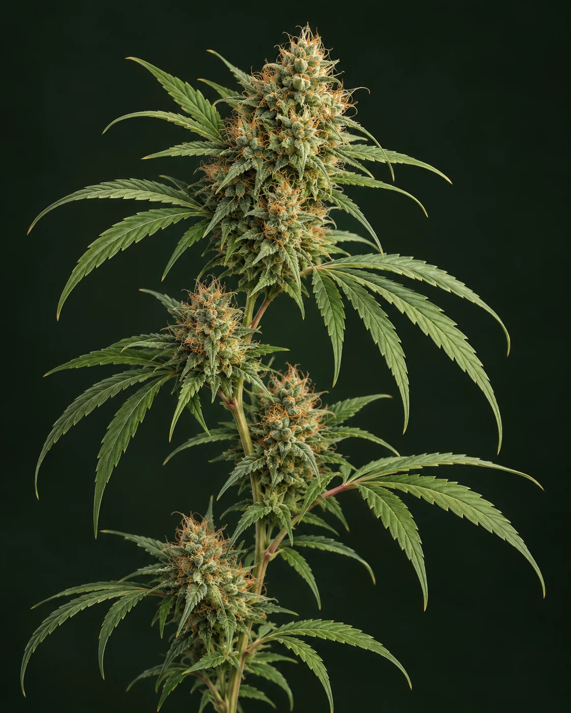Botanische KI-Illustration eines schlanken grünen Cannabiszweigs mit gestaffelten Blütenständen, schmalen gezähnten Blättern und orangefarbenen Narben vor fast schwarzgrünem Hintergrund.