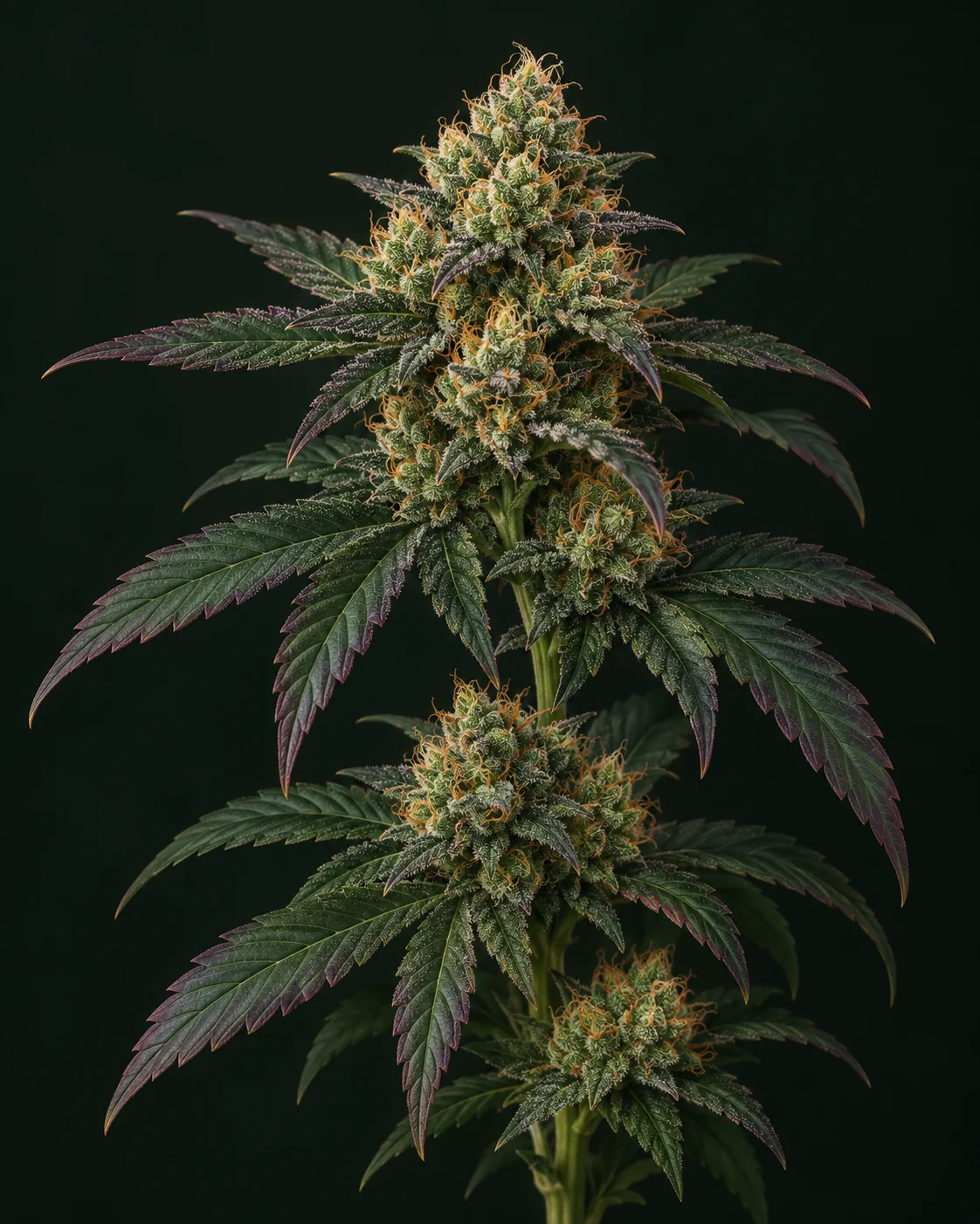 KI-generierte botanische Illustration eines Cannabiszweigs mit dichten grünen Blütengruppen, dunklen gezackten Blättern mit pflaumenfarbenen Rändern und orangefarbenen Blütenhaaren vor dunkelgrünem Hintergrund.
