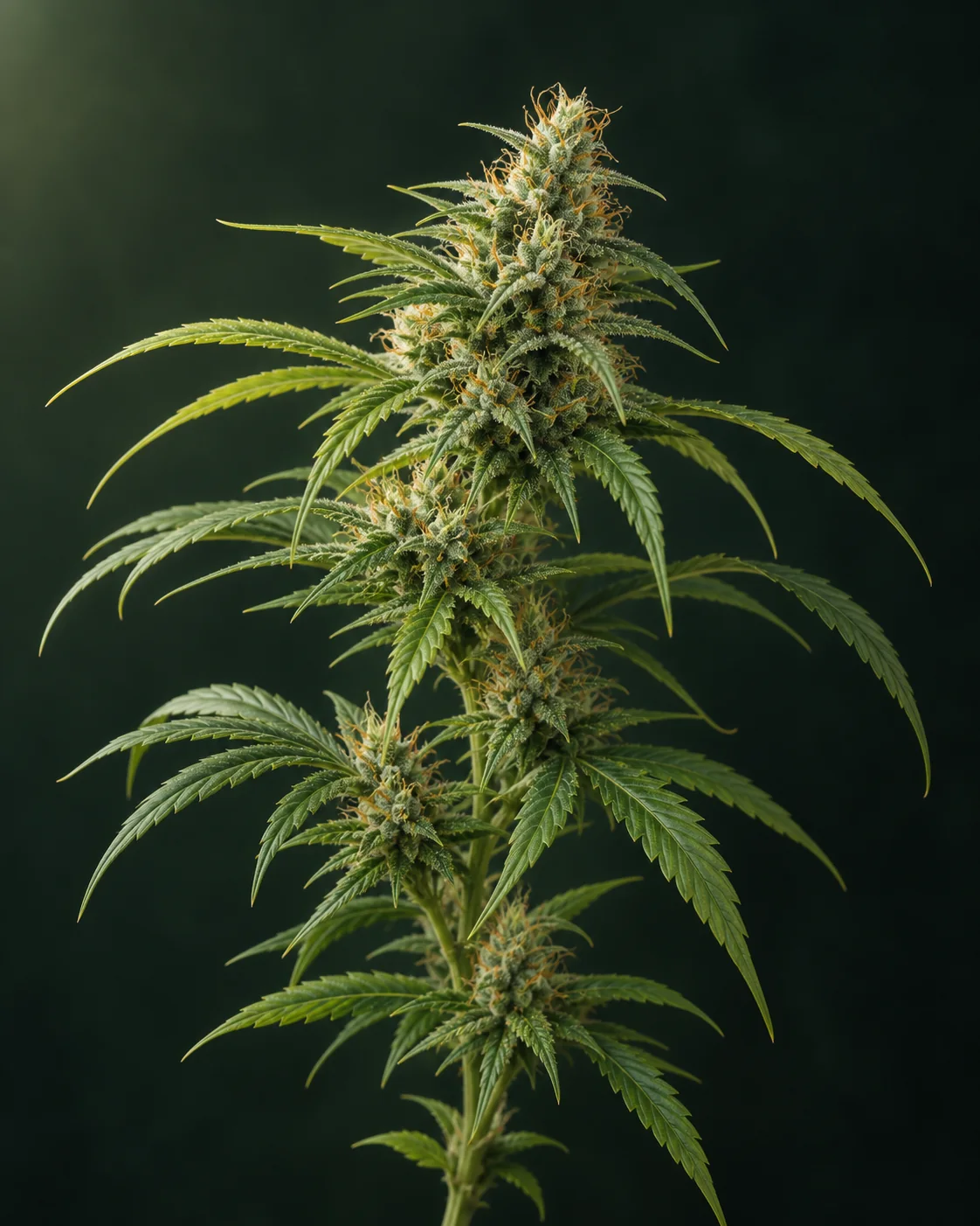 KI-Illustration eines schlanken, blühenden Cannabiszweigs mit schmalen hellgrünen Blättern und orangefarbenen Narben.