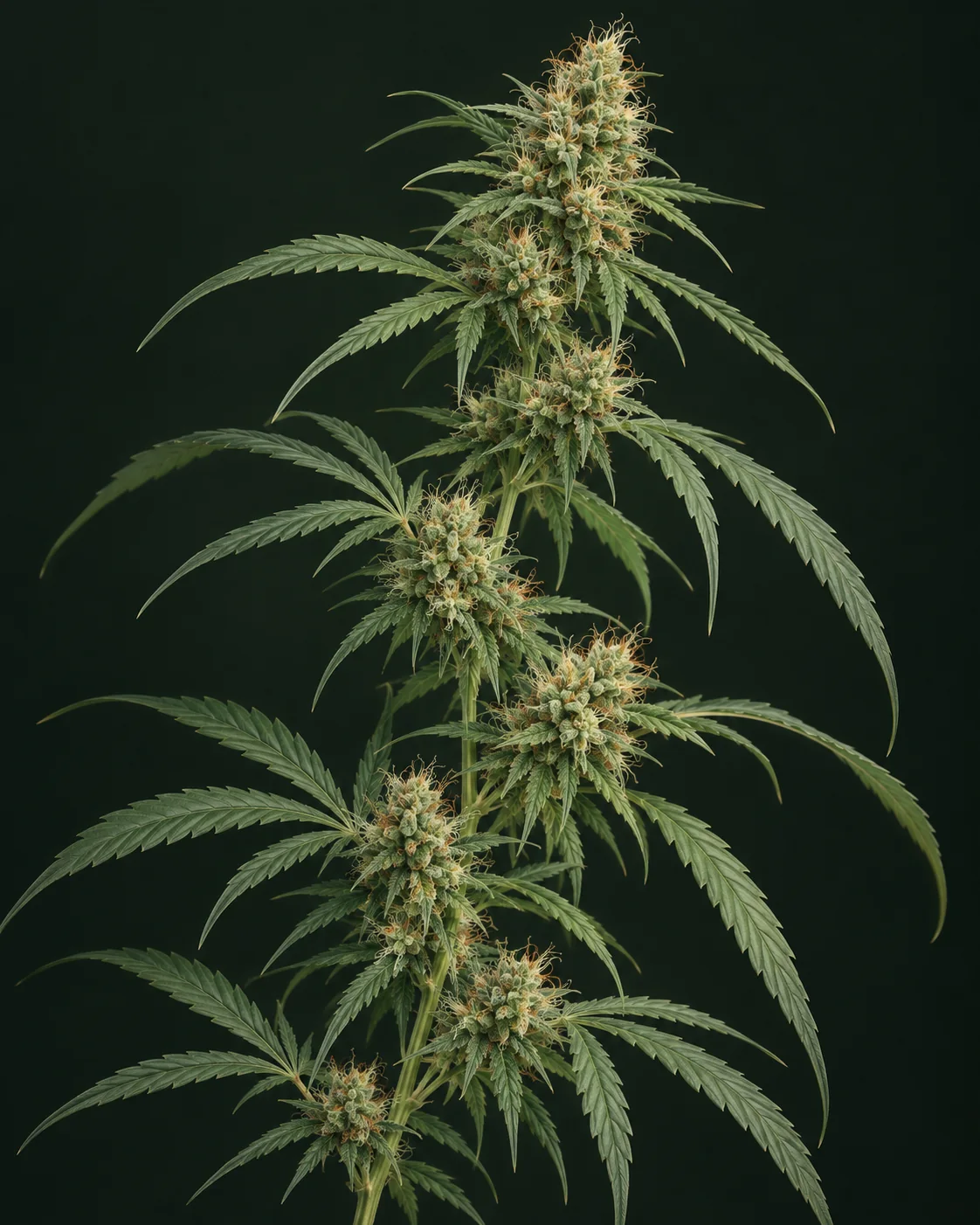 KI-generierte botanische Illustration eines hohen, locker verzweigten Cannabiszweigs mit schmalen gezackten grünen Blättern und voneinander abgesetzten hellgrünen Blütengruppen mit cremefarbenen und orangefarbenen Blütenhaaren.