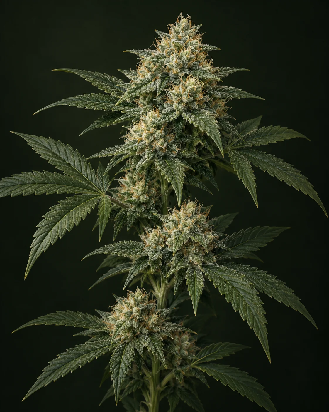 KI-generierte botanische Illustration eines aufrechten Cannabiszweigs mit olivgrünen gezackten Blättern und hell strukturierten Blütengruppen mit cremefarbenen und bernsteinfarbenen Blütenhaaren vor dunkelgrünem Hintergrund.