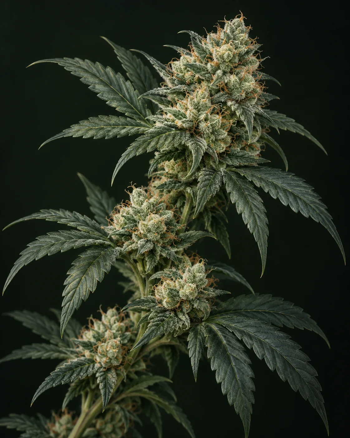 Botanische KI-Illustration eines leicht gebogenen Cannabiszweigs mit breiten dunkelgrünen gezähnten Blättern, hellen strukturierten Blütenständen und feinen kupferfarbenen Narben vor dunklem Hintergrund.