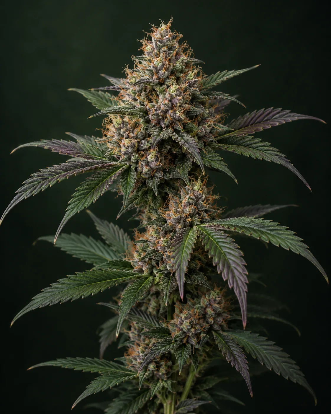 KI-Illustration eines blühenden Cannabiszweigs mit grünen und violetten Blättern sowie feinen orangefarbenen Blütenhaaren.